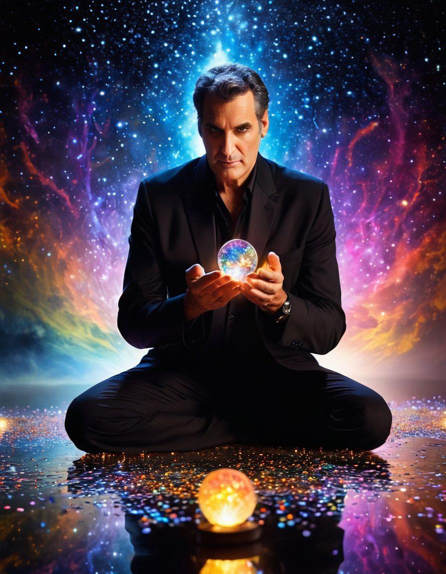 A captivating scene featuring Uri Geller performing a mesmerizing mentalism act, surrounded by swirling mystical energies and shimmering light effects. Include elements like bent spoons, floating orbs, and an audience in awe, blending modern and vintage aesthetics. The backdrop should hint at a mystical landscape with a starry night sky. super-realistic. vibrant colors. ethereal atmosphere.