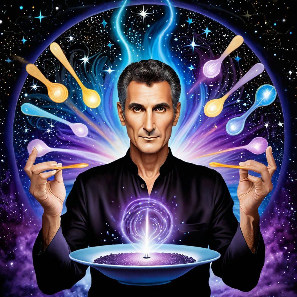 A captivating illustration of a mystical figure, Uri Geller, surrounded by swirling colors and sparkles, showcasing psychic abilities through bending spoons and telepathy. Incorporate eyes glowing with energy, and floating orbs of light symbolizing mind-bending tricks. Set against a backdrop of an enigmatic, starry night sky to enhance the paranormal theme. surrealism. vibrant colors. deep blue and purple tones.
