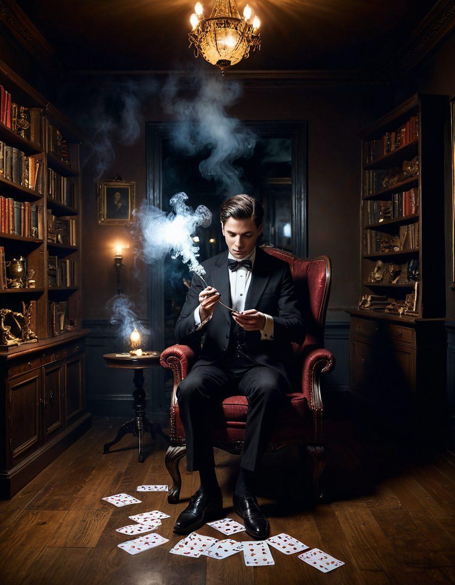 A mesmerizing scene featuring a magician in a dark, mysterious room, delicately bending a spoon with just his mind, surrounded by floating objects like cards and small chairs. Ethereal wisps of smoke swirl around, enhancing the sense of mystery and illusion. The magician's expression is one of intense focus, while ambient lighting casts dramatic shadows. The backdrop includes antique curiosities and shelves filled with magic books. surrealism. vibrant colors. moody lighting.